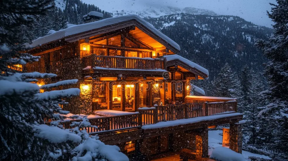 charming alpine chalet warm lights snowfall skis deck cozy winter evening generated ai 346795158